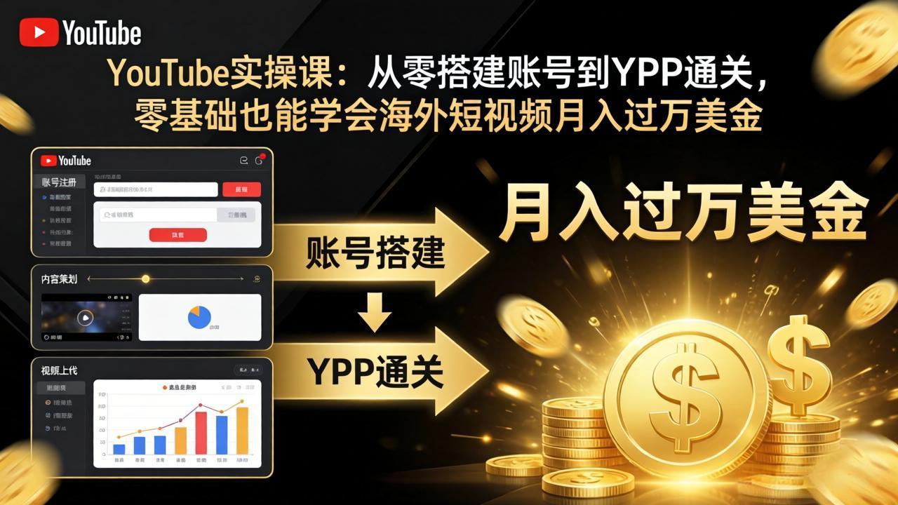 YouTube实操课：从零搭建账号到YPP通关，零基础也能学会海外短视频月入过万美金-时光云网创