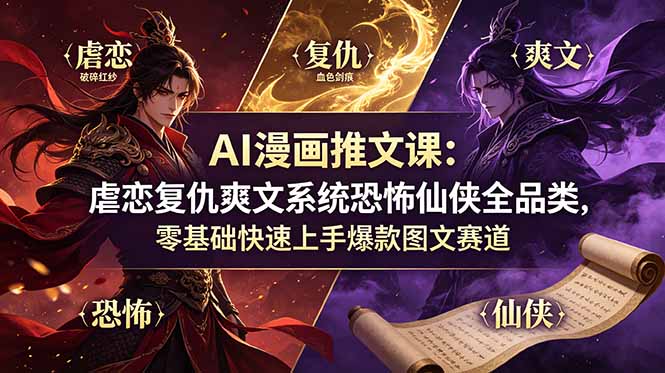 AI漫画推文课：虐恋复仇爽文系统恐怖仙侠全品类，零基础快速上手爆款图文赛道-时光云网创