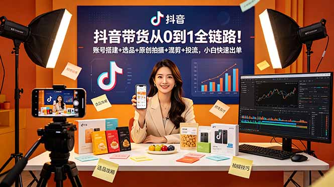 抖音带货从0到1全链路！账号搭建+选品+原创拍摄+混剪+投流，小白快速出单-时光云网创