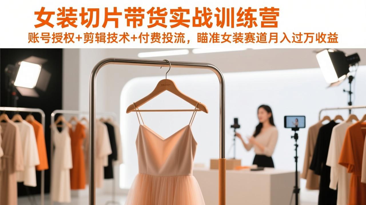 女装切片带货实战训练营，账号授权+剪辑技术+付费投流，瞄准女装赛道月入过万收益-时光云网创