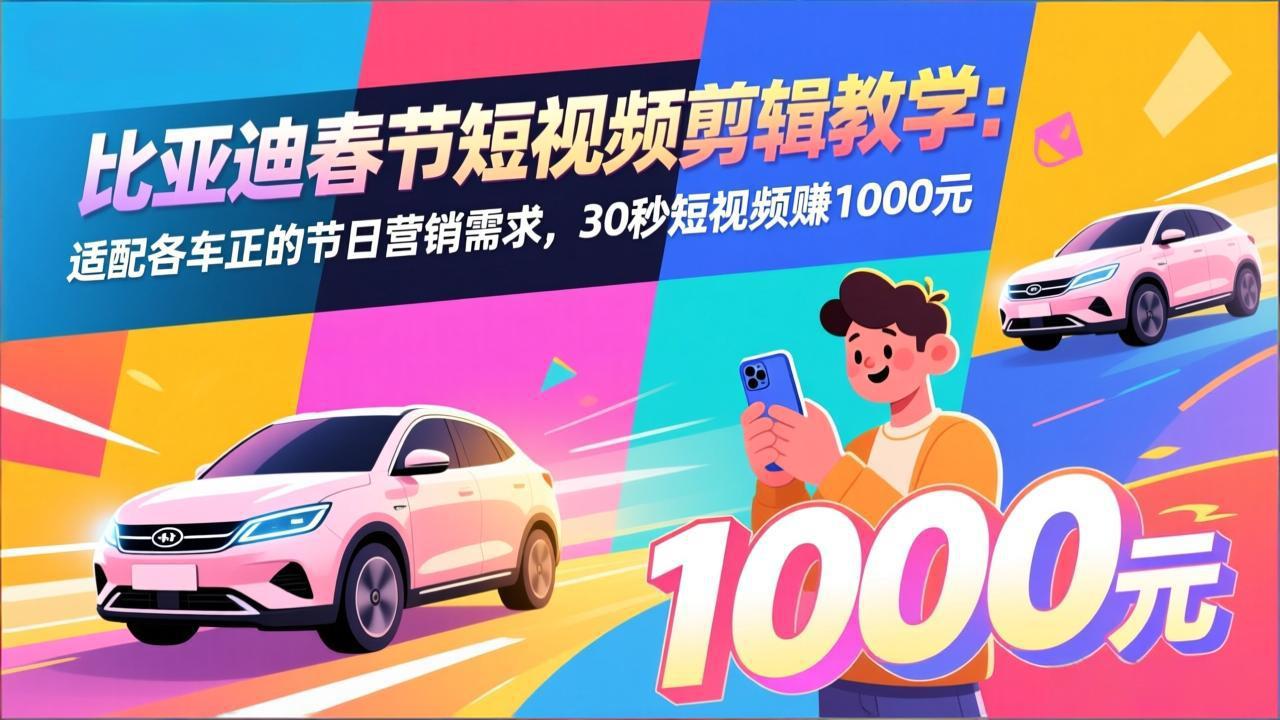 比亚迪春节短视频剪辑教学：适配各车企的节日营销需求，30秒短视频赚1000元-时光云网创