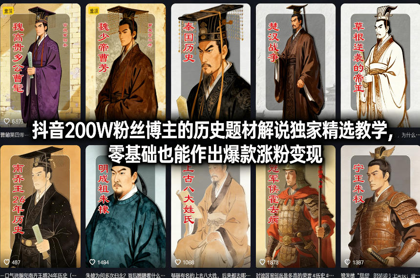 抖音200W粉丝博主的历史题材解说独家精选教学，零基础也能作出爆款涨粉变现-时光云网创