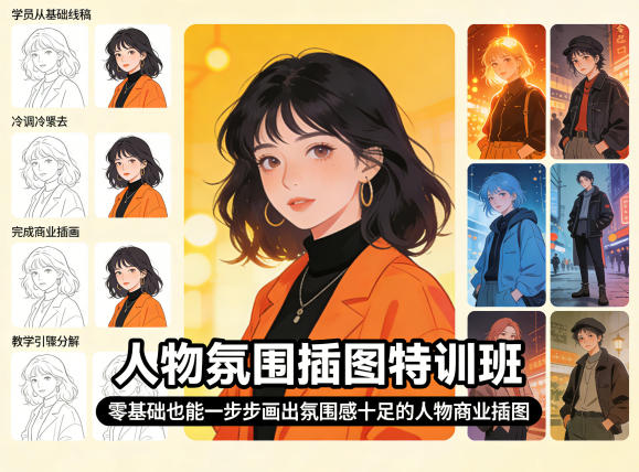 人物氛围插图特训班，零基础也能一步步画出氛围感十足的人物商业插图-时光云网创