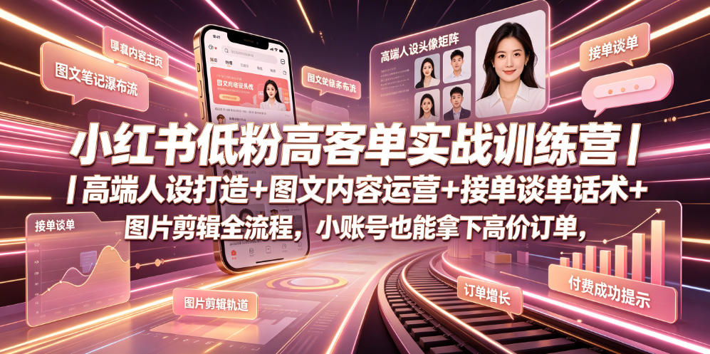 小红书低粉高客单实战训练营｜高端人设打造+图文内容运营+接单谈单话术+图片剪辑全流程，小账号也能拿下高价订单-时光云网创