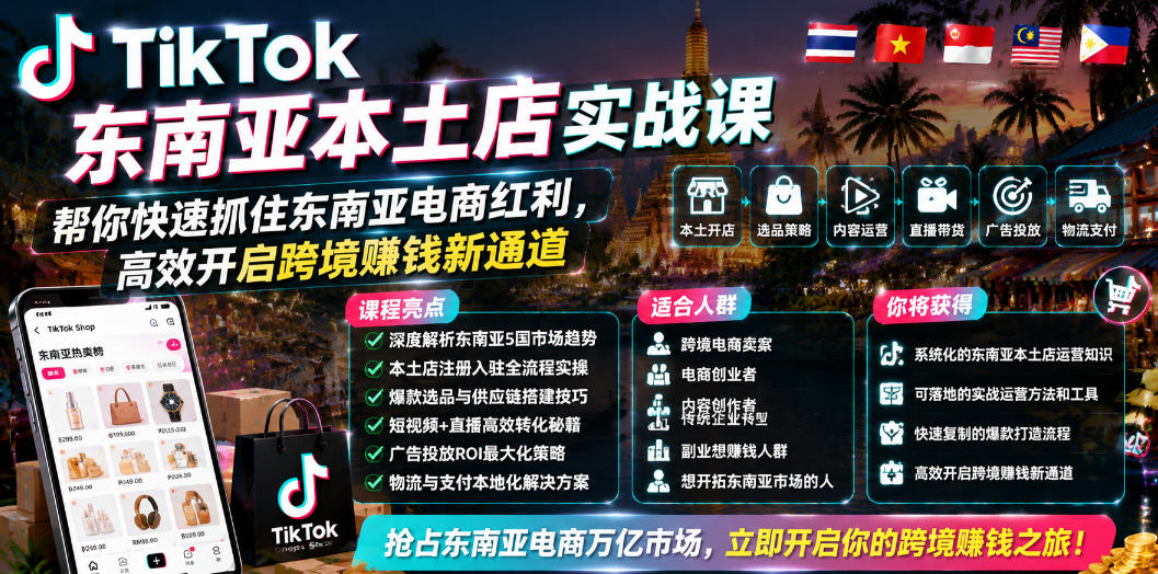 TikTok东南亚本土店实战课，帮你快速抓住东南亚电商红利，高效开启跨境賺钱新通道-时光云网创