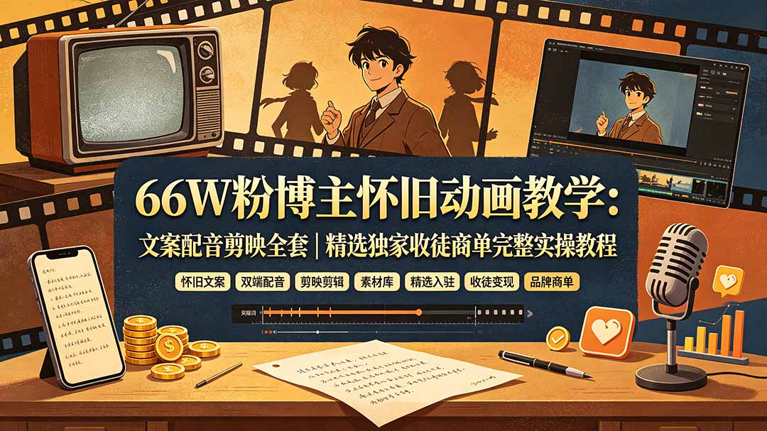 66W粉博主怀旧动画教学：文案配音剪映全套｜精选独家收徒商单完整实操教程-时光云网创