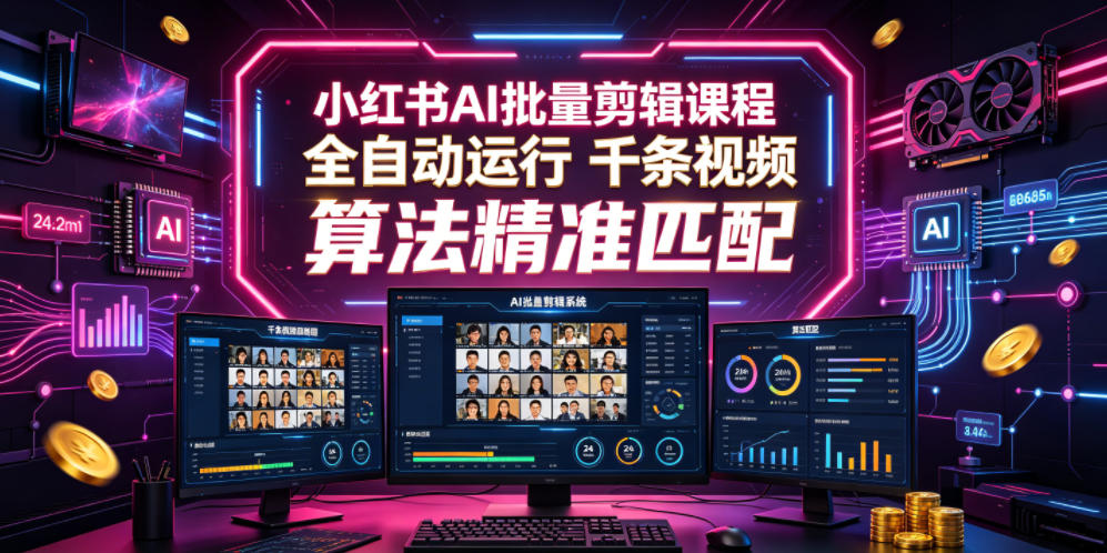 小红书AI批量剪辑课程，24小时全自动运行，解放双手专注运营，千条视频批量处理，小红书算法精准匹配-时光云网创