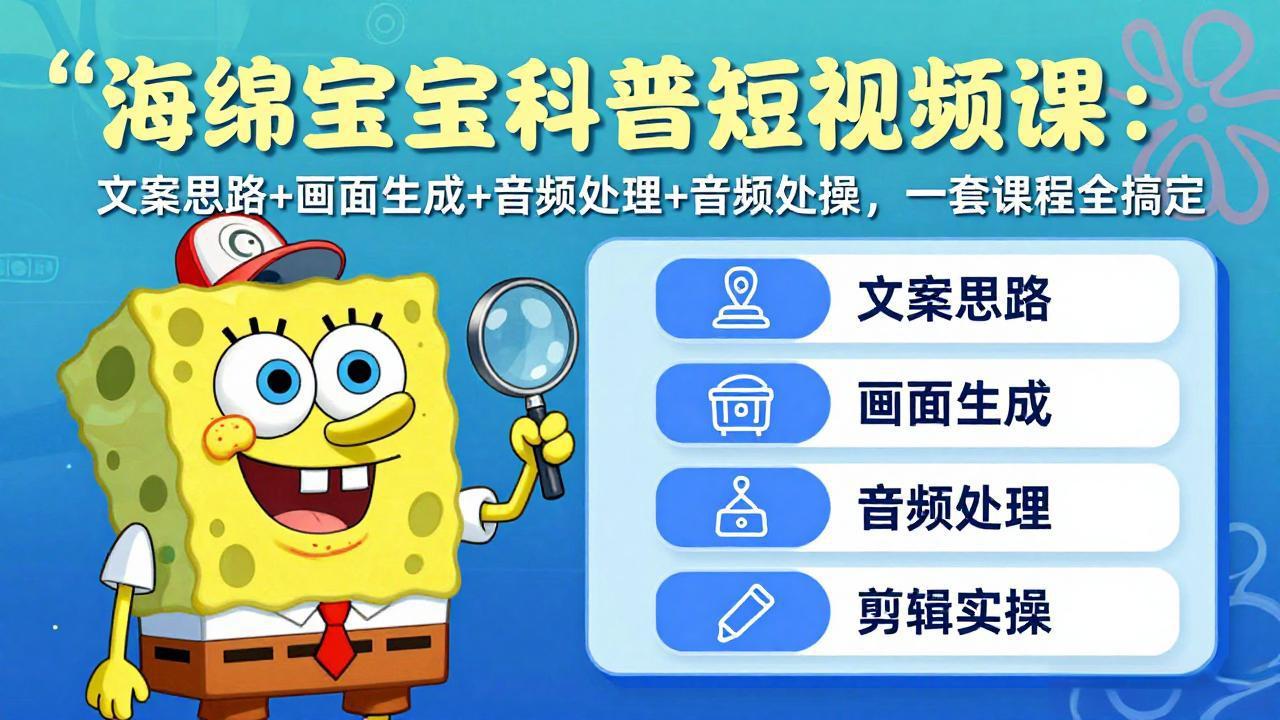 海绵宝宝科普短视频课：文案思路+画面生成+音频处理+剪辑实操，一套课程全搞定-时光云网创