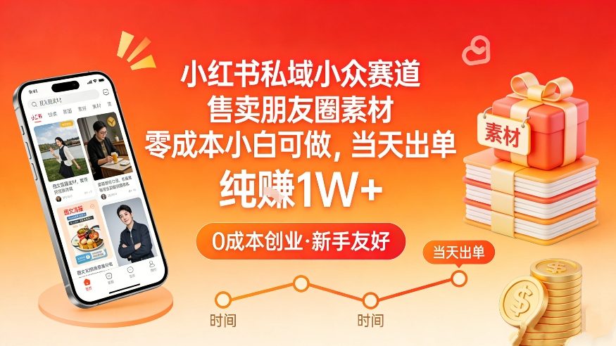 小红书私域小众赛道，售卖朋友圈素材，零成本小白可做，当天出单，月入1W+-时光云网创