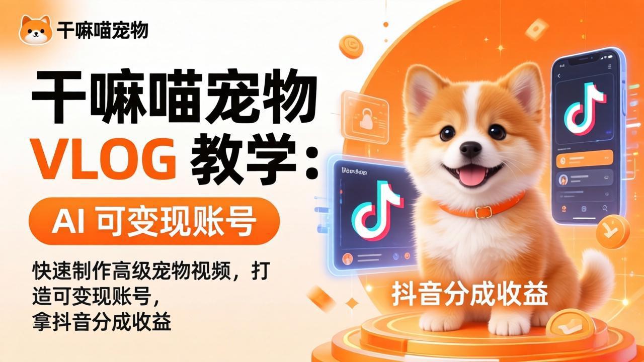干嘛喵宠物 VLOG 教学：AI 快速制作高级宠物视频，打造可变现账号，拿抖音分成收益-时光云网创