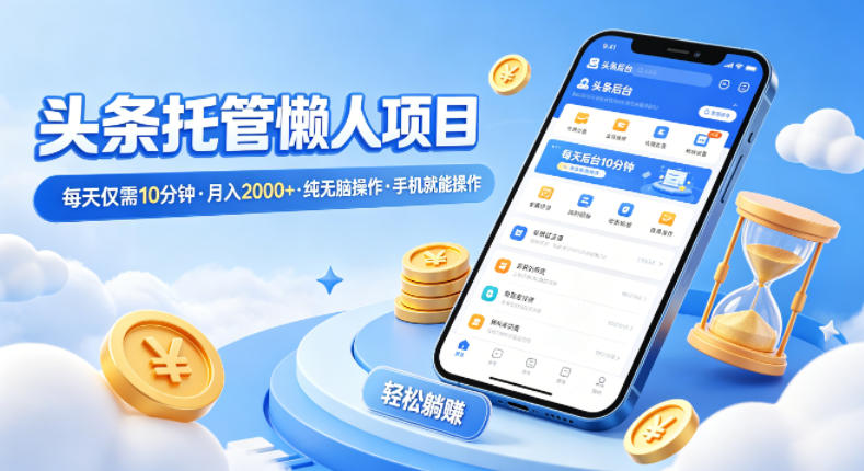 头条托管懒人项目，每天仅需10分钟，月入2000+，纯无脑操作，手机就能操作【揭秘】-时光云网创