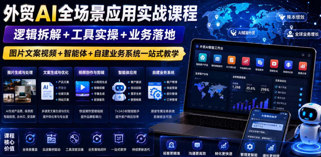 外贸AI全场景应用实战课程｜逻辑拆解+工具实操+业务落地，图片文案视频+智能体+自建业务系统一站式教学-时光云网创