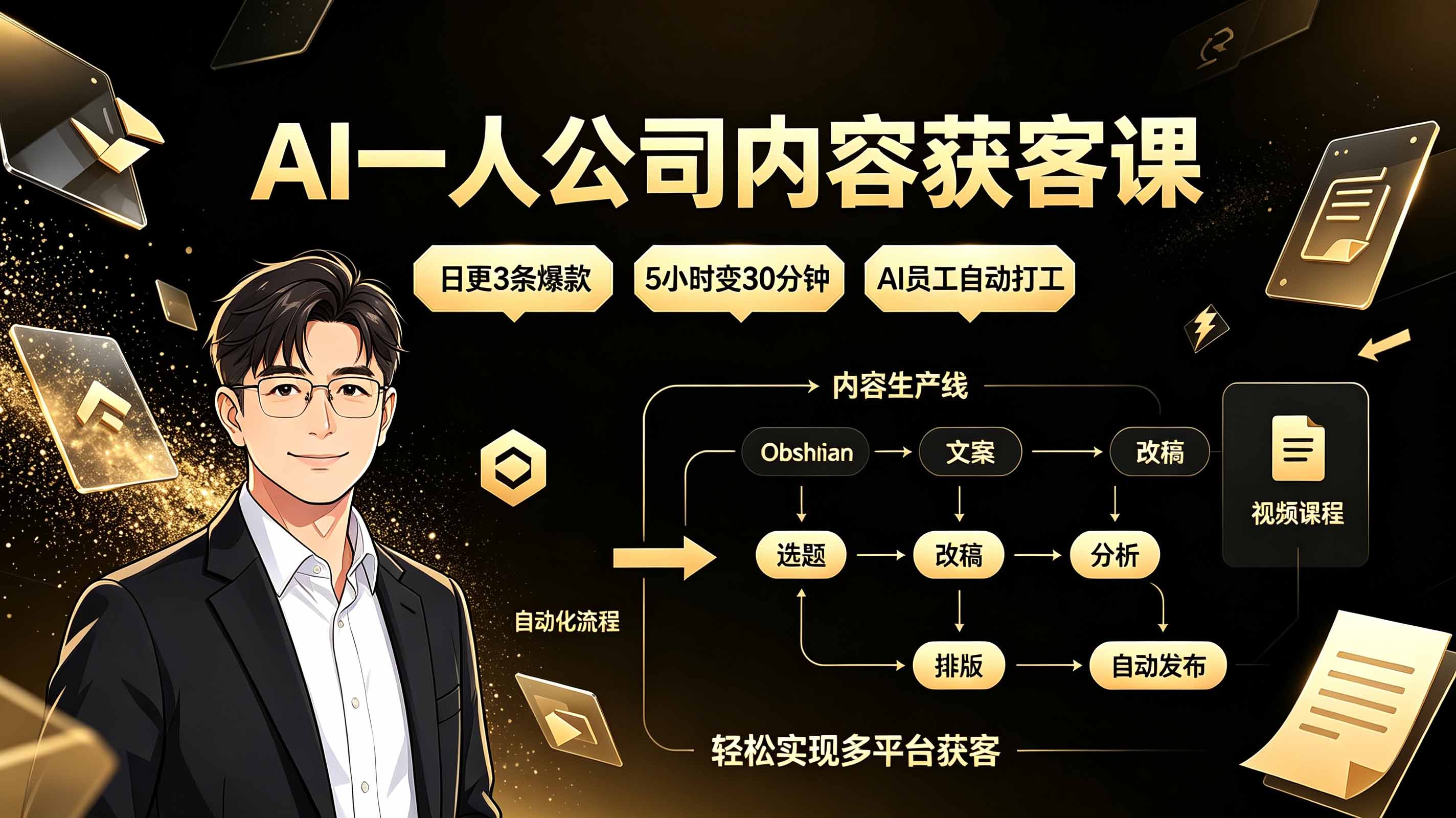 AI一人公司内容获客课：日更3条爆款×5小时变30分钟×AI员工自动打工，轻松实现多平台获客-时光云网创