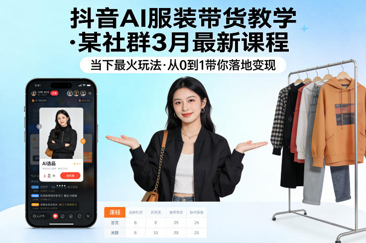 抖音AI服装带货教学，某社群3月最新课程，当下最火玩法，从0到1带你落地变现-时光云网创