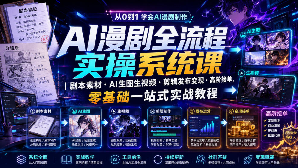 AI漫剧全流程实操系统课｜剧本素材・AI生图生视频・剪辑发布变现・高阶接单，零基础一站式实战教程-时光云网创