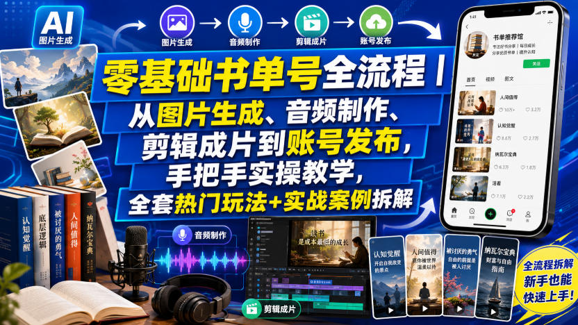 零基础书单号全流程|从图片生成、音频制作、剪辑成片到账号发布,手把手实操教学,全套热门玩法+实战案例拆解