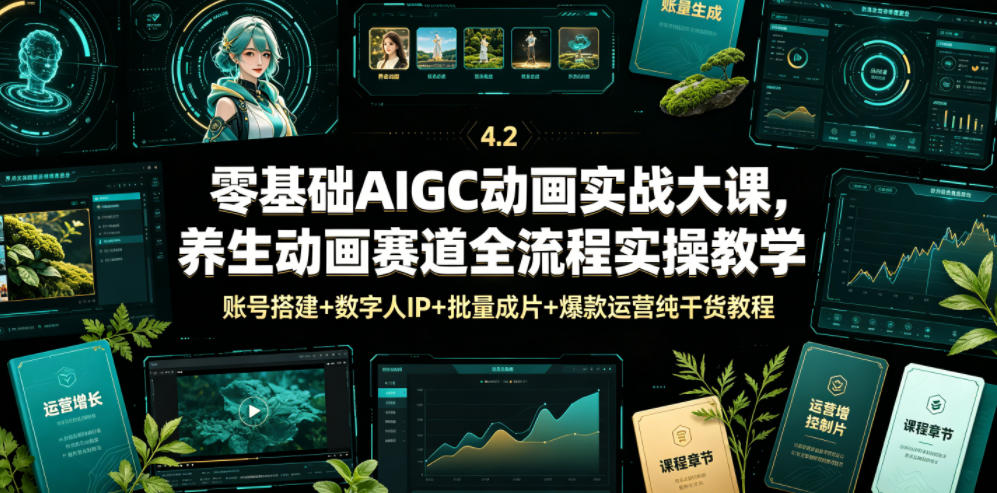 零基础AIGC动画实战大课，养生动画赛道全流程实操教学，账号搭建+数字人IP+批量成片+爆款运营纯干货教程-时光云网创
