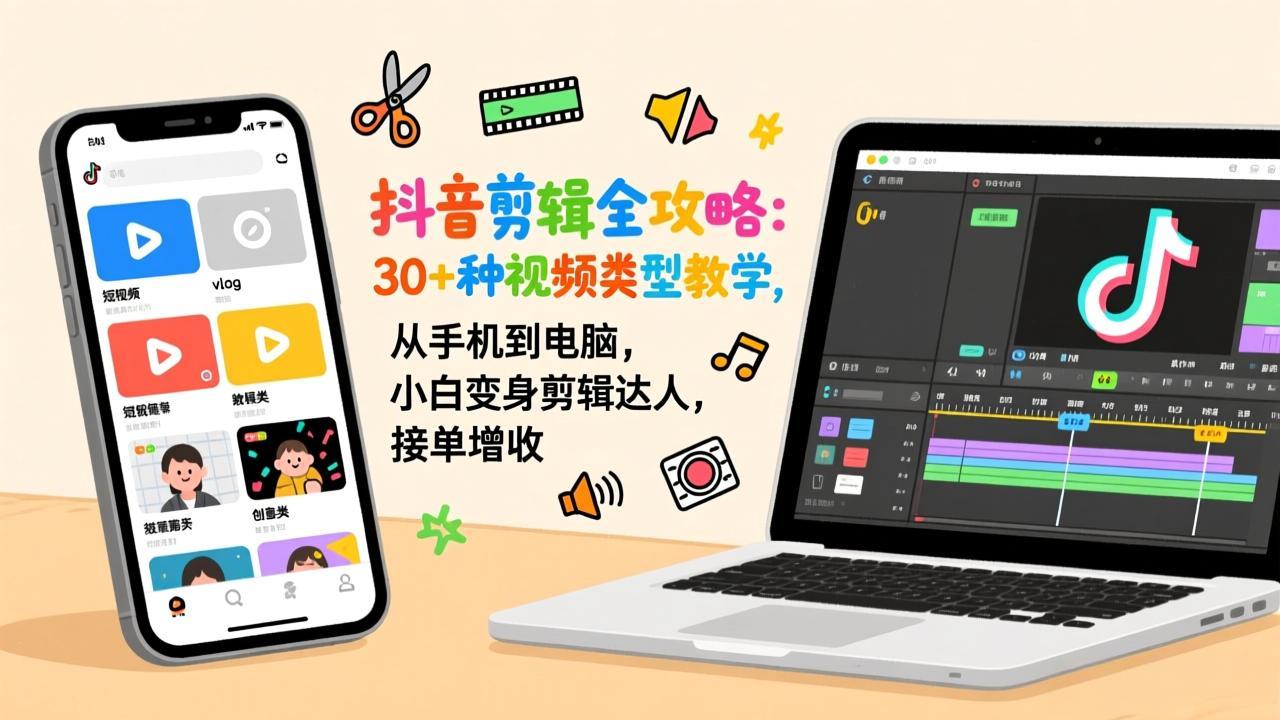 抖音剪辑全攻略：30+种视频类型教学，从手机到电脑，小白变身剪辑达人，接单增收-时光云网创