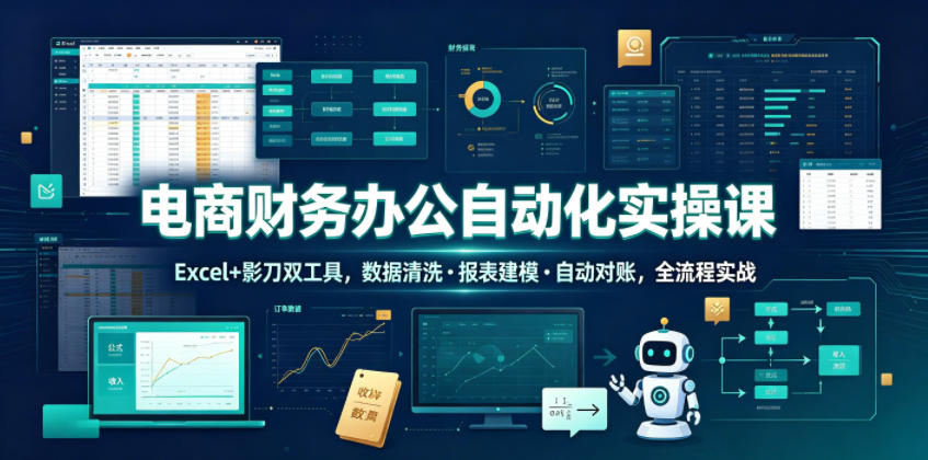 电商财务办公自动化实操课，Excel+影刀双工具，数据清洗・报表建模・自动对账，全流程实战-时光云网创