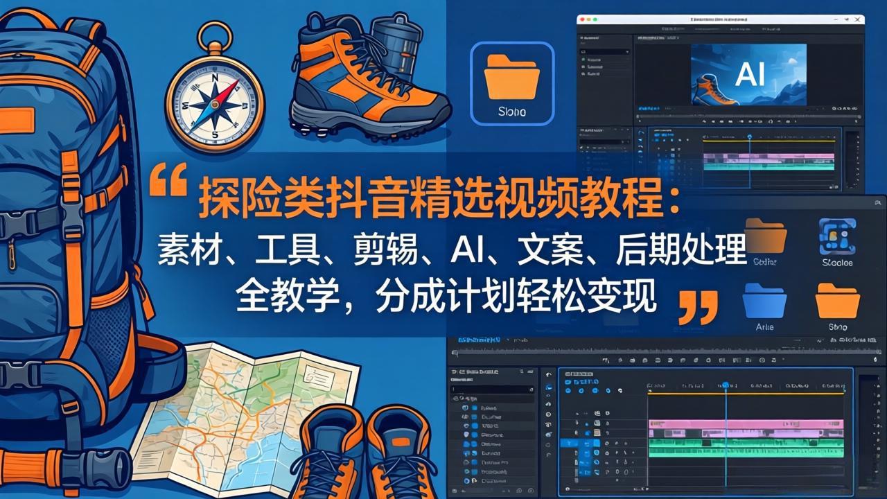 探险类抖音精选视频教程：素材、工具、剪辑、AI、文案、后期处理全教学，分成计划轻松变现-时光云网创