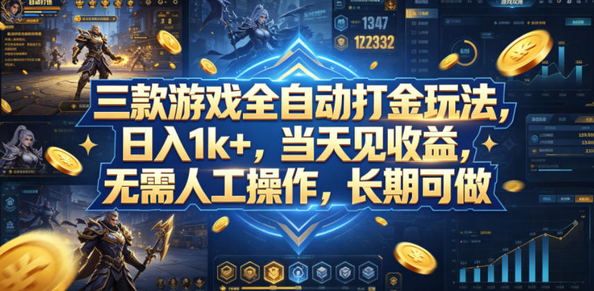 三款游戏全自动打金玩法，日入1k+，当天见收益，无需人工操作，长期可做【揭秘】-时光云网创