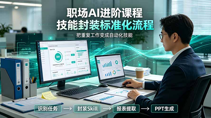 职场AI进阶课程；多类实用Skill工具实操，专属技能封装标准化流程，报表行业报告一键提取核心内容-时光云网创