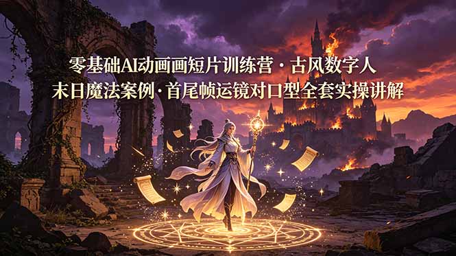 零基础AI动画短片训练营，古风数字人末日魔法案例，首尾帧运镜对口型全套实操讲解-时光云网创