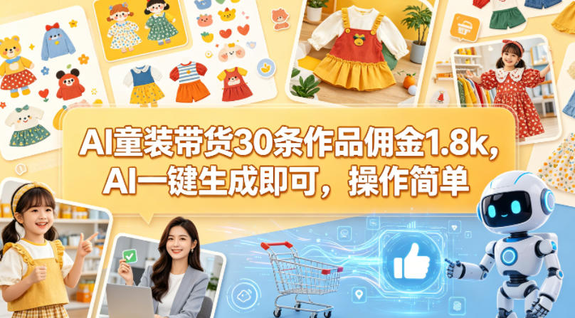 AI童装带货30条作品佣金1.8k，AI一键生成即可，操作简单-时光云网创