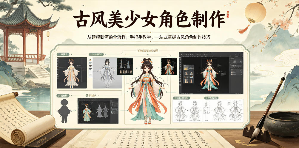 古风美少女角色制作,从建模到渲染全流程,手把手教学,一站式掌握古风角色制作技巧-时光云网创
