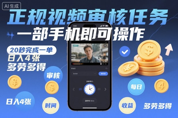 正规视频审核任务,一部手机即可操作,20秒完成一单,日入4张,多劳多得【揭秘】-时光云网创