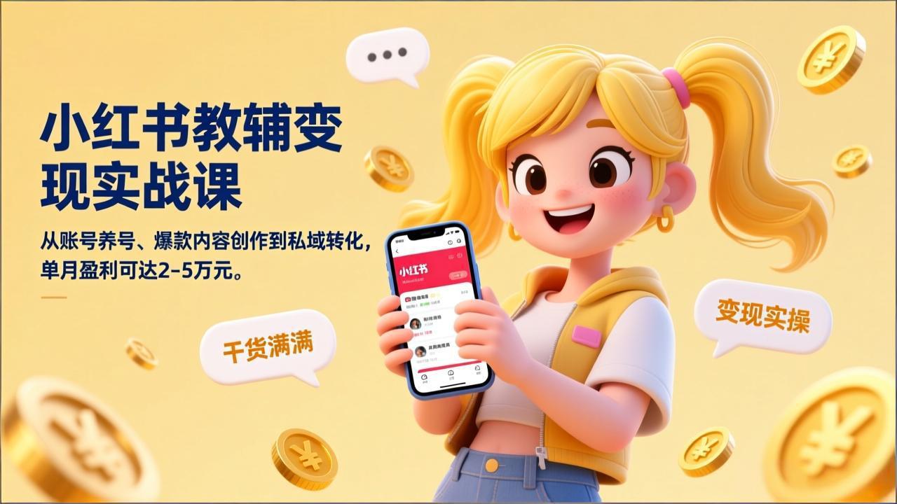 小红书教辅变现实战课，从账号养号、爆款内容创作到私域转化，单月盈利可达2-5万元-时光云网创