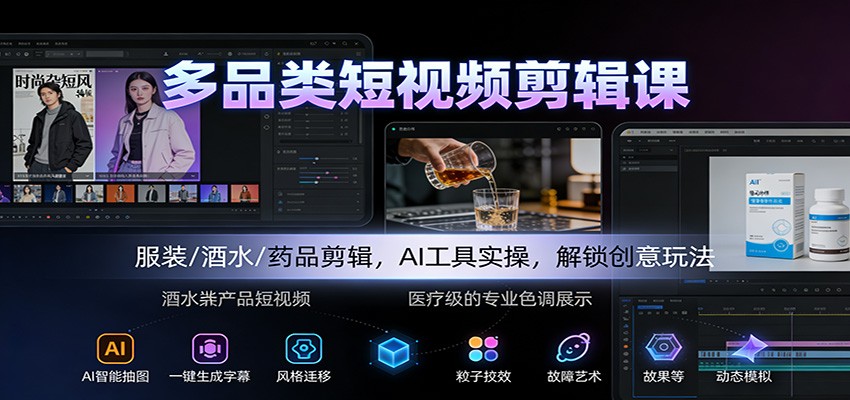 多品类短视频剪辑课：服装/酒水/药品剪辑，AI工具实操，解锁创意玩法-时光云网创