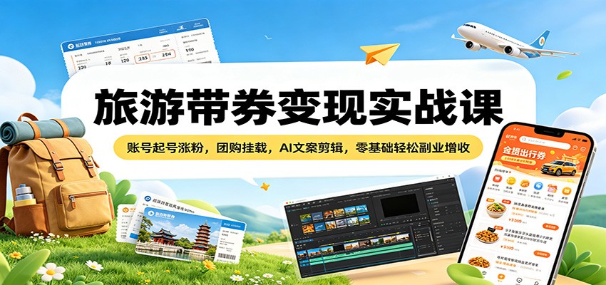 旅游带券变现实战课：账号起号涨粉，团购挂载，AI文案剪辑，零基础轻松副业增收-时光云网创