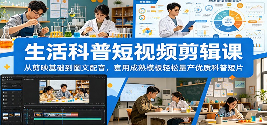 生活科普短视频剪辑课：从剪映基础到图文配音，套用成熟模板轻松量产优质科普短片-时光云网创