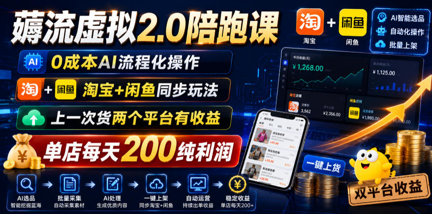 薅流虚拟2.0陪跑课,0成本AI流程化操作,淘宝+闲鱼同步玩法,上一次货两个平台有收益,单店每天200纯利润-时光云网创