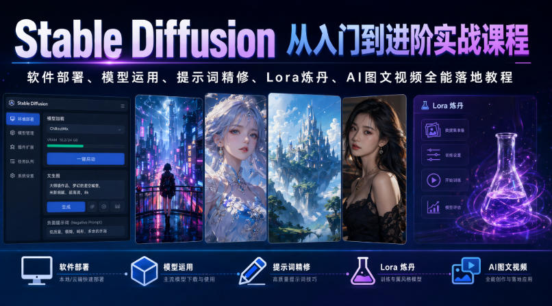 Stable Diffusion从入门到进阶实战课程｜软件部署、模型运用、提示词精修、Lora炼丹、AI图文视频全能落地教程-时光云网创