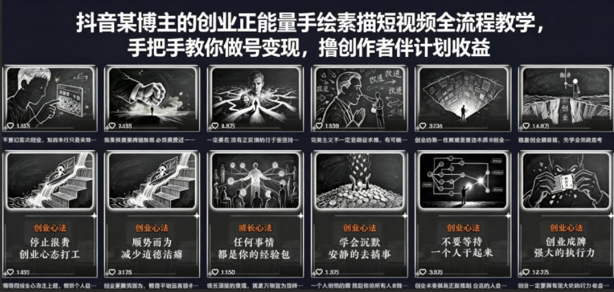 抖音某博主的创业正能量手绘素描短视频全流程教学，手把手教你做号变现，撸创作者伙伴计划收益-时光云网创