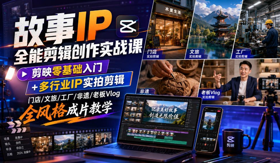 故事IP全能剪辑创作实战课｜剪映零基础入门+多行业IP实拍剪辑，门店/文旅/工厂/非遗/老板Vlog全风格成片教学-时光云网创
