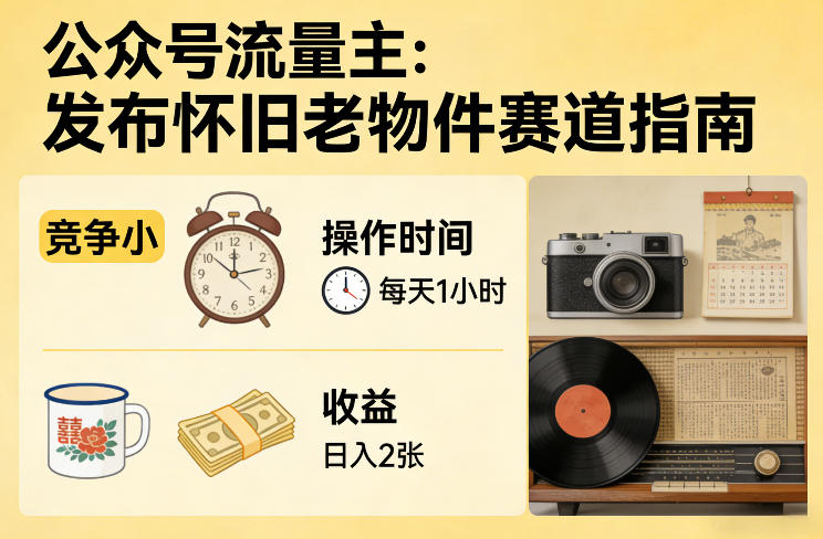 公众号流量主之发布怀旧老物件赛道，竞争小，每天操作1小时，日入2张-时光云网创