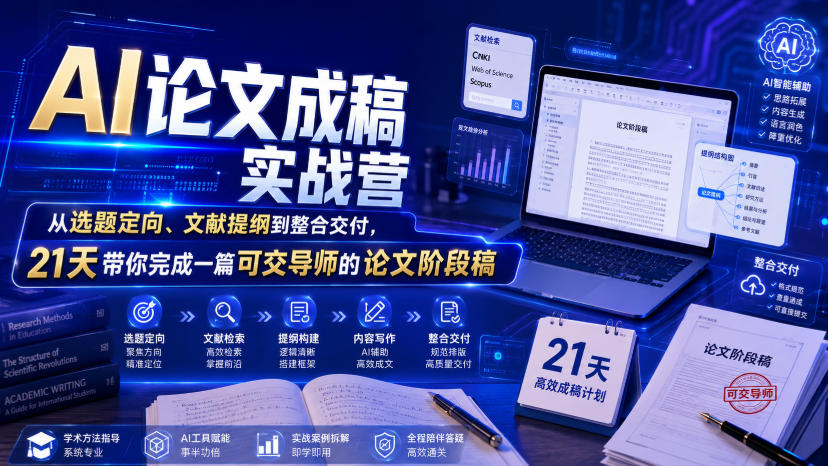 AI论文成稿实战营，从选题定向、文献提纲到整合交付，21天带你完成一篇可交导师的论文阶段稿-时光云网创