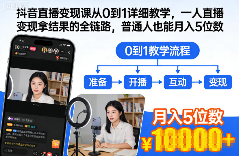 抖音直播变现课从0到1详细教学,一人直播变现拿结果的全链路,普通人也能月入5位数-时光云网创