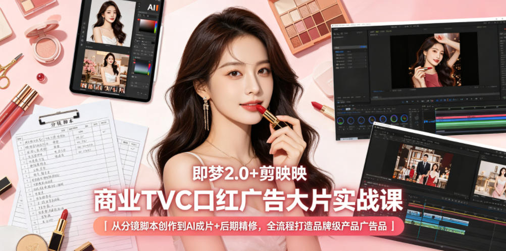 即梦2.0+剪映商业TVC口红广告大片实战课|从分镜脚本创作到AI成片+后期精修,全流程打造品牌级产品广告-时光云网创