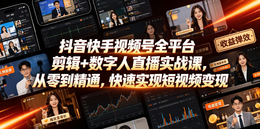 抖音快手视频号全平台剪辑+数字人直播实战课，从零到精通，快速实现短视频变现(更新2026年6月)-时光云网创