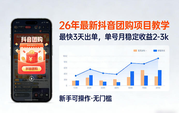 26年最新抖音团购项目教学，0门槛，最快3天出单，单号月稳定收益2-3k-时光云网创