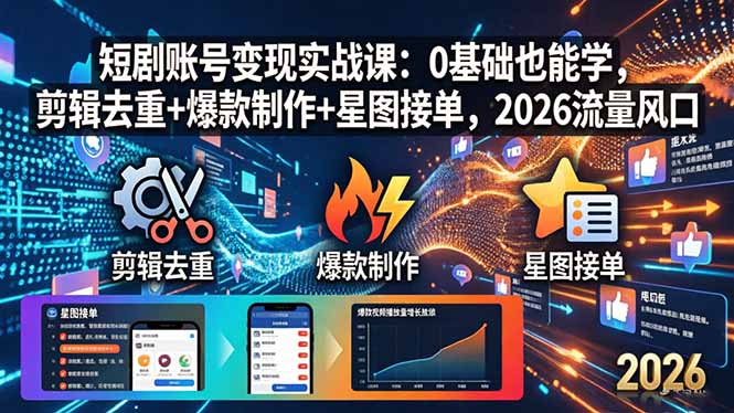 短剧账号变现实战课：0基础也能学，剪辑去重+爆款制作+星图接单，2026流量风口-时光云网创