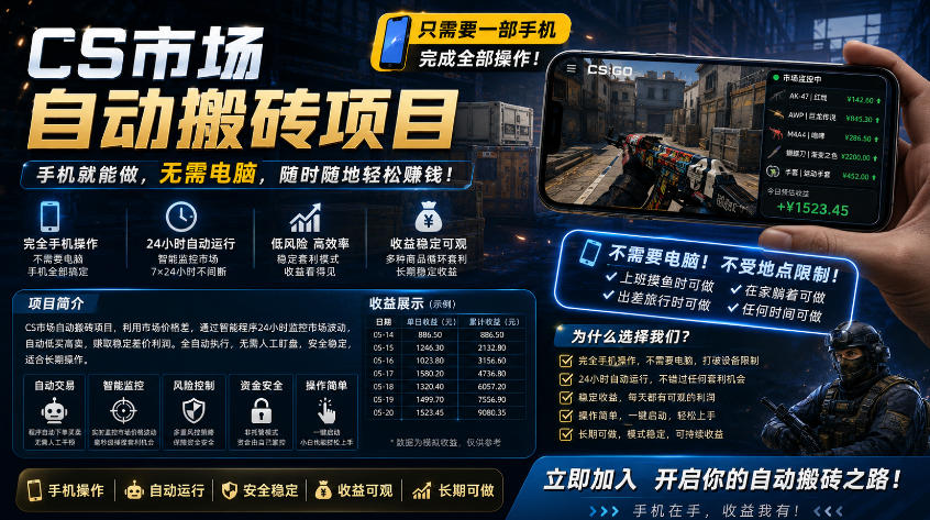 手机即可操作的CS市场自动搬砖系统｜自动监控｜自动下单|日入300+【揭秘】-时光云网创