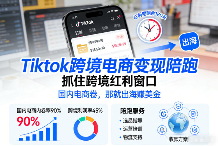 Tiktok跨境电商变现陪跑，抓住跨境红利窗口，国内电商卷，那就出海賺美金-时光云网创