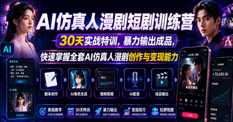 AI仿真人漫剧短剧训练营，30天实战特训，暴力输出成品，快速掌握全套AI仿真人漫剧创作与变现能力-时光云网创
