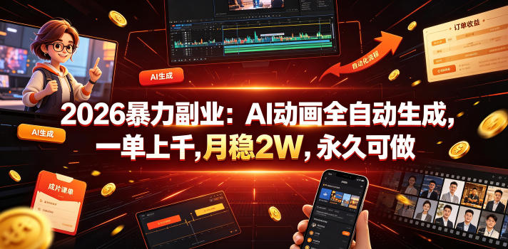 2026暴力副业：AI动画全自动生成，一单上千，月稳2W，永久可做【揭秘】-时光云网创
