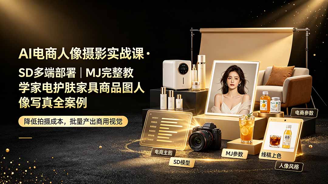 AI电商人像摄影实战课·SD多端部署｜MJ完整教学｜家电护肤家具商品图人像写真全案例-时光云网创